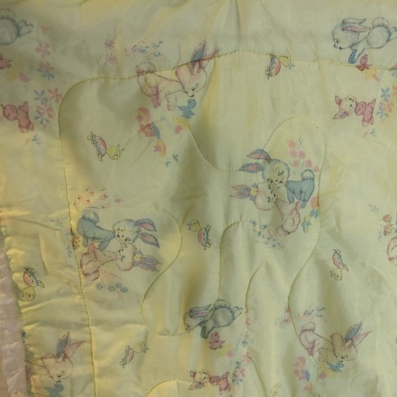 VTG 50s Sears Crib Blanket Comforter Pastel Bunny Rabbit Turtle Ruffle Hem 43x33 - Picture 5 of 9